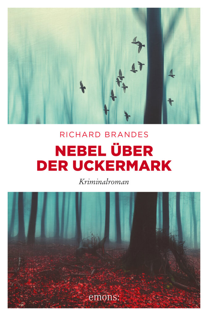 Buchcover mit einem nebeligen Wald mit kahlen Bäumen über denen Vögel fliegenl